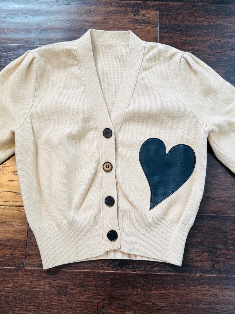 Cream Button-Front Cardigan sweater with Black Heart Patch